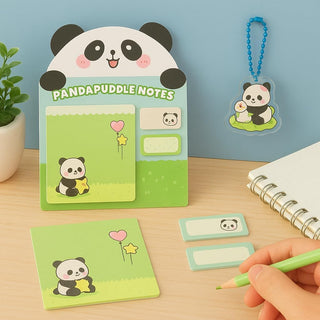 Pandapuddle Notes — Kawaii Panda 5-in-1 Sticky Notes Set with Acrylic Keychain