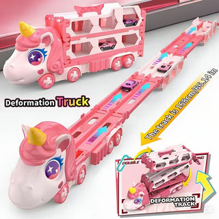 Unicorn Car Carrier Truck Toy with Foldable Race Track & Mini Alloy Cars