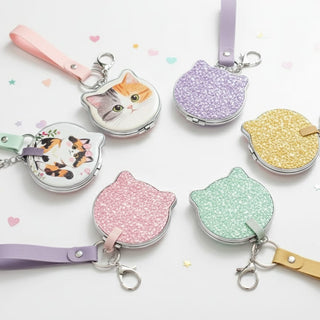 Cat-Shaped Foldable Mirror Keychain — Pastel Glitter & Printed Designs