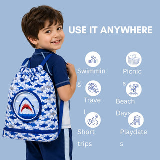 Cute Cartoon Themed Kids Swimming Bag with Shoe Pocket (SHARK)