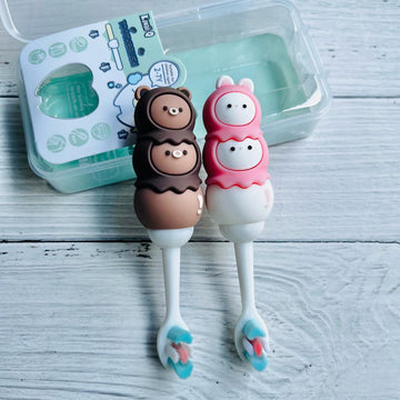 Cute 3D 2 Head Kawaii Animal Shape Microfiber Soft Bristles Toothbrush with Travel Case for Kids Age 2+