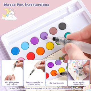 Unicorn Quest Watercolor Coloring Book Set – Fantasy Painting Kit for Kids with 12 Colors & Brush