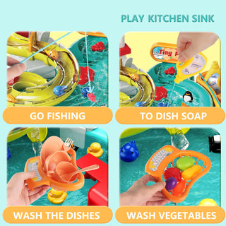 3-in-1 Running Water Play Sink Toy with Fishing Game & Kitchen Set