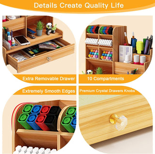 Wooden Desk Organizer – 10 Compartments with Drawer & Phone Holder (Random)