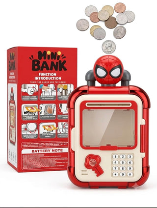 Red Spider-Man suitcase money bank with password keypad beside its Mini Bank packaging