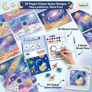 Space Watercolor Coloring Book Set | Fantasy Painting Kit for Kids with 12 Colors & Brush