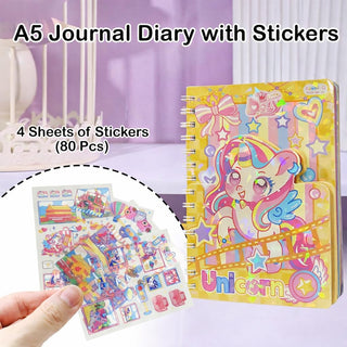Kawaii Unicorn Spiral Diary with Stickers – A5 Holographic Journal for Kids