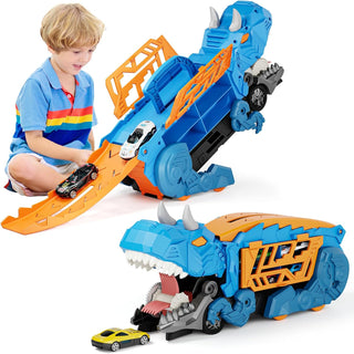2 in 1 Dinosaur eating car truck with Sliding Race Track and 6 Die Car Storage Space