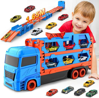 Folding Track Truck with 2 Die Cast Cars & 1.65M Track Set for Kids Racing & Pretend Play Toy