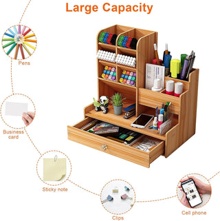 Wooden Desk Organizer – 10 Compartments with Drawer & Phone Holder (Random)