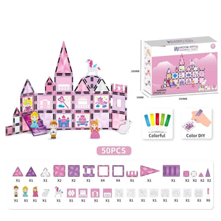 50 PCS Princess Castle Magnetic Tiles – Kids STEM Building Blocks Set (3+ Years)