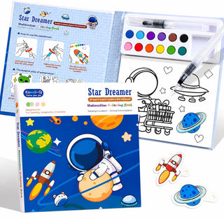 Space Watercolor Coloring Book Set | Fantasy Painting Kit for Kids with 12 Colors & Brush