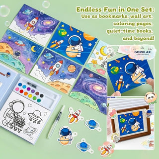 Space Watercolor Coloring Book Set | Fantasy Painting Kit for Kids with 12 Colors & Brush