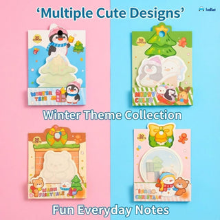 Four winter sticky note designs featuring penguins, bears, a snowman and Christmas decorations