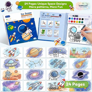 Space Watercolor Coloring Book Set | Fantasy Painting Kit for Kids with 12 Colors & Brush