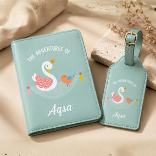 Personalized Passport Cover & Luggage Tag  for Kids | Custom Name Travel Accessories (Swan)(PREPAID ONLY)