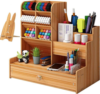 Wooden Desk Organizer – 10 Compartments with Drawer & Phone Holder (Random)