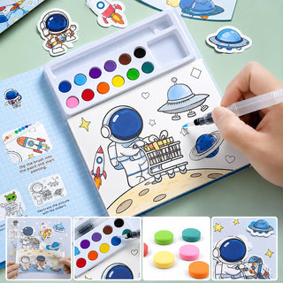 Space Watercolor Coloring Book Set | Fantasy Painting Kit for Kids with 12 Colors & Brush