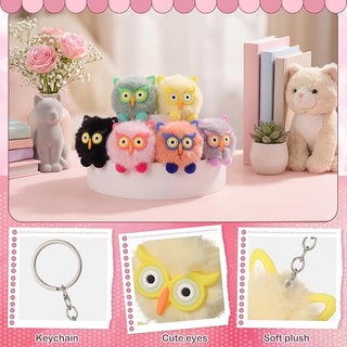 Kawaii owl plush keychain set showing soft plush body, cute eyes and metal keychain ring