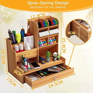 Wooden Desk Organizer – 10 Compartments with Drawer & Phone Holder (Random)