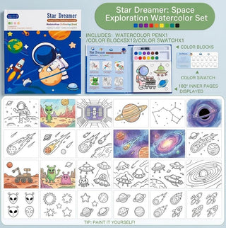 Space Watercolor Coloring Book Set | Fantasy Painting Kit for Kids with 12 Colors & Brush