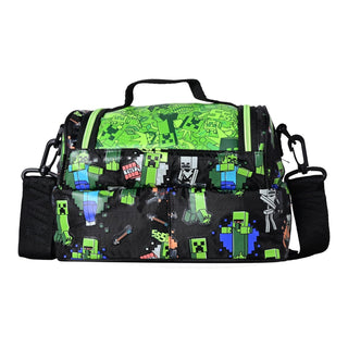 Minecraft Creeper Double Decker Lunch Bag for Kids | Adjustable Shoulder Strap | Black & Green