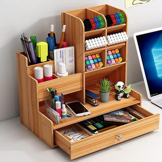 Wooden Desk Organizer – 10 Compartments with Drawer & Phone Holder (Random)