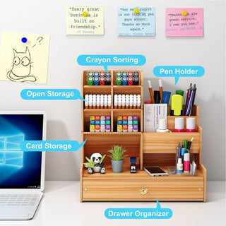 Wooden Desk Organizer – 10 Compartments with Drawer & Phone Holder (Random)
