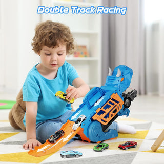 2 in 1 Dinosaur eating car truck with Sliding Race Track and 6 Die Car Storage Space