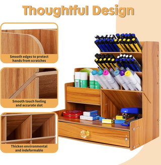 Wooden Desk Organizer – 10 Compartments with Drawer & Phone Holder (Random)