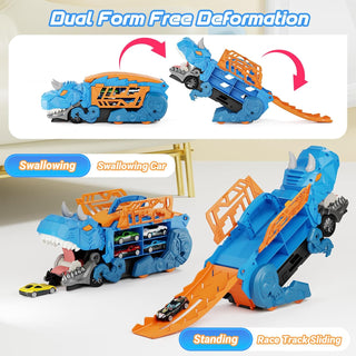 2 in 1 Dinosaur eating car truck with Sliding Race Track and 6 Die Car Storage Space