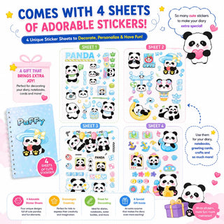 Puffy Panda Spiral Diary with Sticker Sheets | Kawaii Notebook for Kids |