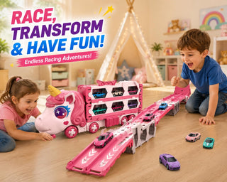 Unicorn Car Carrier Truck Toy with Foldable Race Track & Mini Alloy Cars