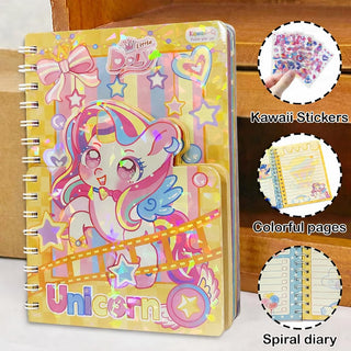Kawaii Unicorn Spiral Diary with Stickers – A5 Holographic Journal for Kids
