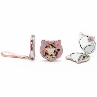 Cat-Shaped Foldable Mirror Keychain — Pastel Glitter & Printed Designs