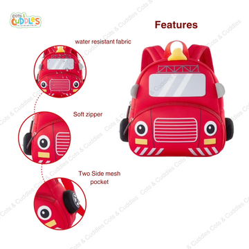 Cute Cartoon Fire Engine Soft Plush Backpack with Front Pocket for Kids (RED)