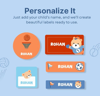 Personalized Name Labels Combo - Sporty Bear - Pack of 54 (PREPAID ORDER)