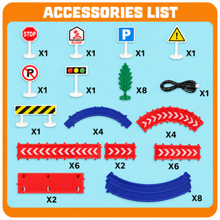 Racing track set accessories including track sections, road signs, traffic light, trees and USB cable