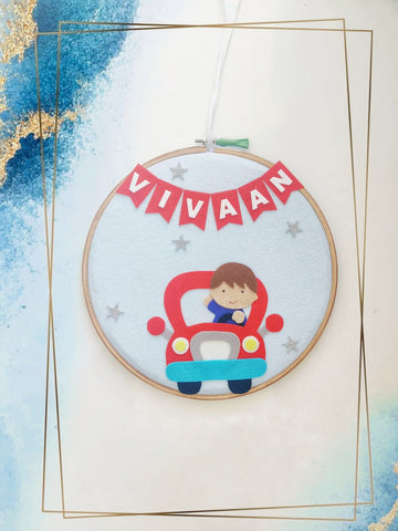 Hand-Crafted Embroidery Hoop Wall Hanging Art for Home Decor - Boy in Car (PREPAID ORDER)
