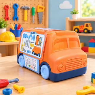 Orange truck-shaped carry case with blue wheels for an 18-piece kids toy tool set, front angle