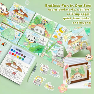 Panda's Magic Watercolour Colouring Book Set – Fantasy Painting Kit for Kids with 12 Colours & Brush