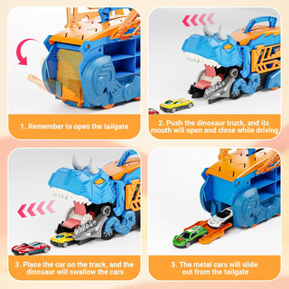 2 in 1 Dinosaur eating car truck with Sliding Race Track and 6 Die Car Storage Space