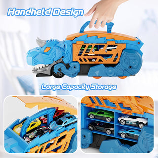 2 in 1 Dinosaur eating car truck with Sliding Race Track and 6 Die Car Storage Space