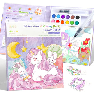 Unicorn Quest Watercolor Coloring Book Set – Fantasy Painting Kit for Kids with 12 Colors & Brush