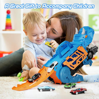 2 in 1 Dinosaur eating car truck with Sliding Race Track and 6 Die Car Storage Space