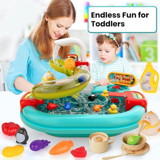 3-in-1 Running Water Play Sink Toy with Fishing Game & Kitchen Set