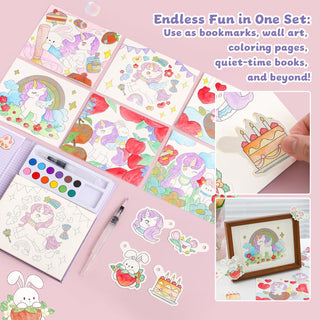Unicorn Quest Watercolor Coloring Book Set – Fantasy Painting Kit for Kids with 12 Colors & Brush