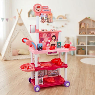 Pink kids’ beauty salon trolley play set with tiered shelves, toy hair dryer and makeup accessories