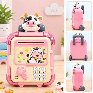 Pink cow money bank with numbered keypad, money slot, trolley handle and wheels, shown from front, side and back.