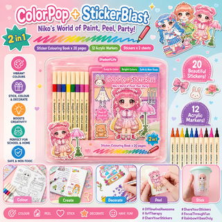 ColorPop + StickerBlast 2-in-1 Sticker Colouring Kit for Kids — 12 Acrylic Markers & 20-Page Book (Random)